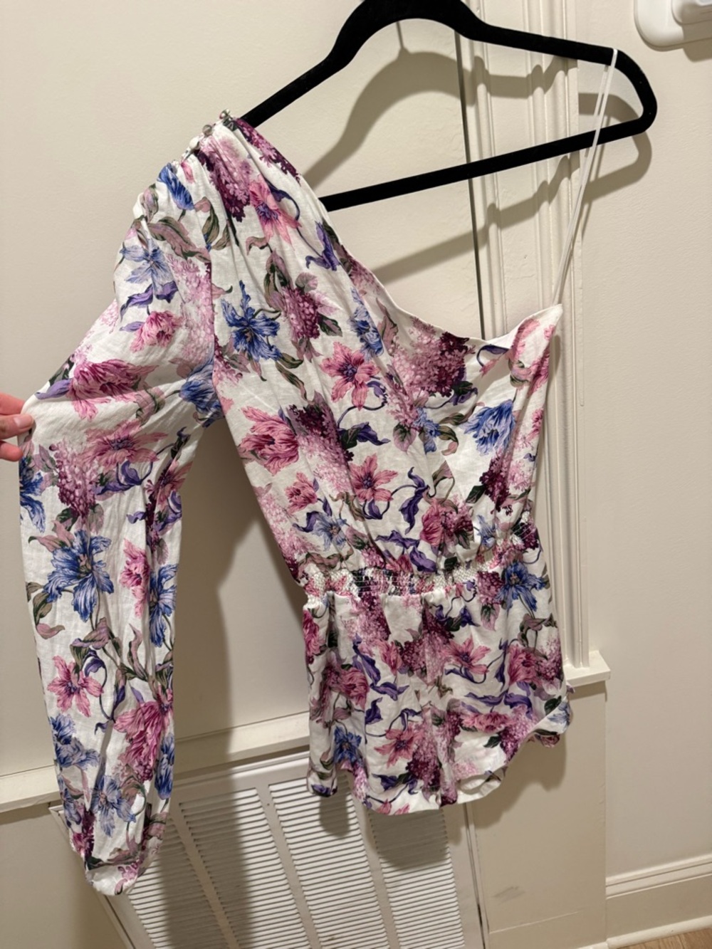 Cami NYC Floral One-Shoulder Peplum Romper in White and Pink Size Small